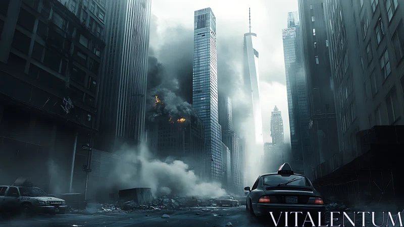 Urban highrise avenue with smoke, debris and damaged taxis.