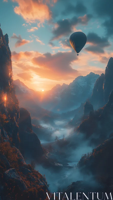 Serene hot air balloon drifting above misty sunrise valley.