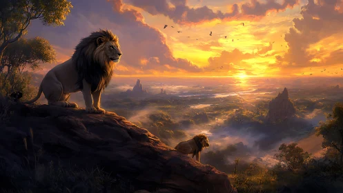 Two lions observe landscape from elevated rocky outcrop at sunset.