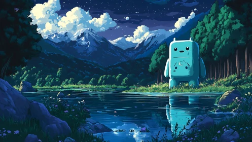 Starlit valley lake with shy robot guardian under mountains.