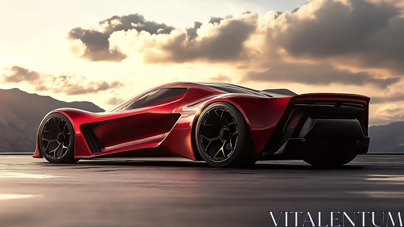 Red aerodynamic sports car is rendered on open asphalt surface