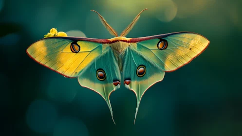 Colorful luna moth with detailed wings on dark bokeh