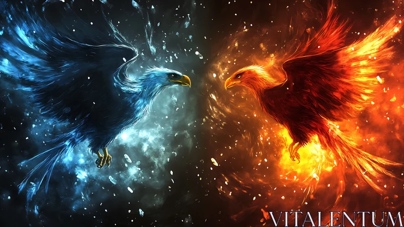 Majestic Blue and Red Phoenixes in Fiery and Icy Fantasy Art.
