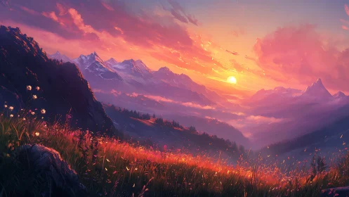 Vivid mountain valley sunset over wildflower meadow.