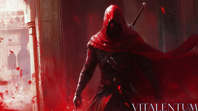 Hooded crimson assassin emerging through swirling bloodstorm.