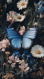 Blue butterfly resting in a dreamy dusk-tinted garden.