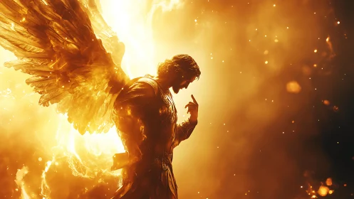 Radiant fiery angel stands in blazing golden celestial light