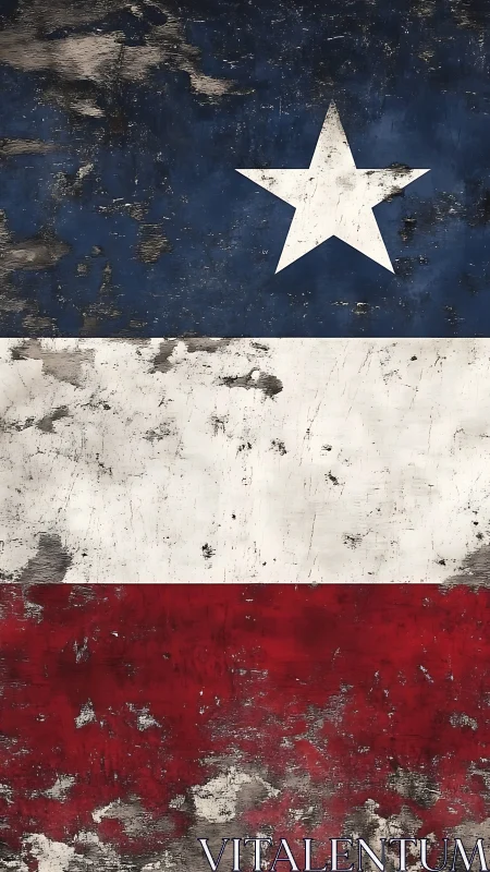 Weathered tricolor flag with central star and surface abrasion.