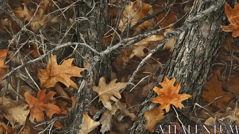 Golden autumn leaves rest gently over rugged forest bark