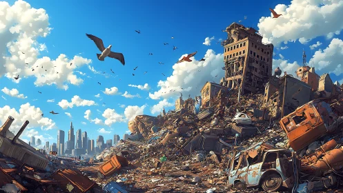 Sunlit ruins and soaring birds over a dreaming cityscape.
