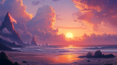 Coastal shoreline with rocky cliffs under vivid sunset sky.