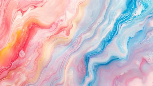 Pastel liquid marbling forms fluid, ribbon-like chromatic waves