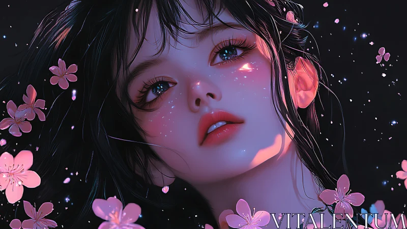 Iridescent anime portrait of girl amid luminous pink blossoms