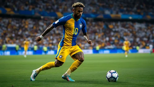 Brazil forward in yellow kit controlling ball on stadium pitch.