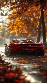 Red supercar glides through golden autumn forest road.