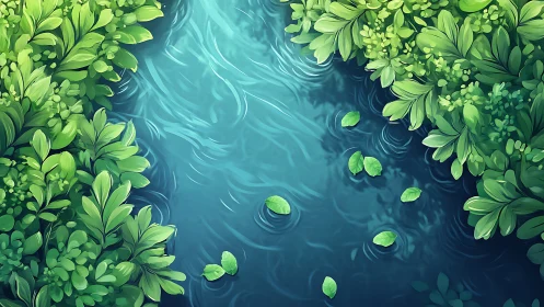Tranquil river bend framed by lush emerald foliage artwork.