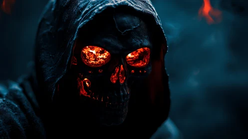 Hooded skeletal figure with molten eyes in dark setting.