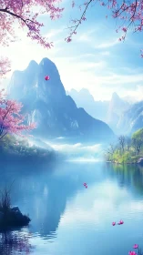 Misty blue mountains rise above tranquil reflective lake