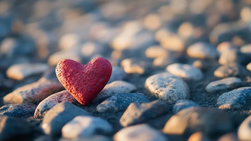 Red Heart Stone Among Beach Pebbles Bathed in Golden Sunlight