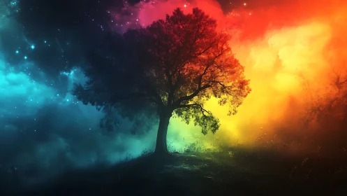 Solitary cosmic tree glows within a radiant rainbow nebula.