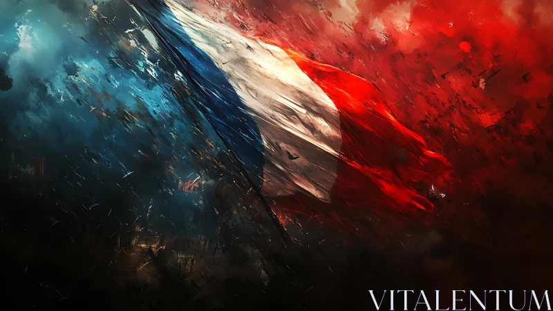 French flag surges through storm of red and blue light.
