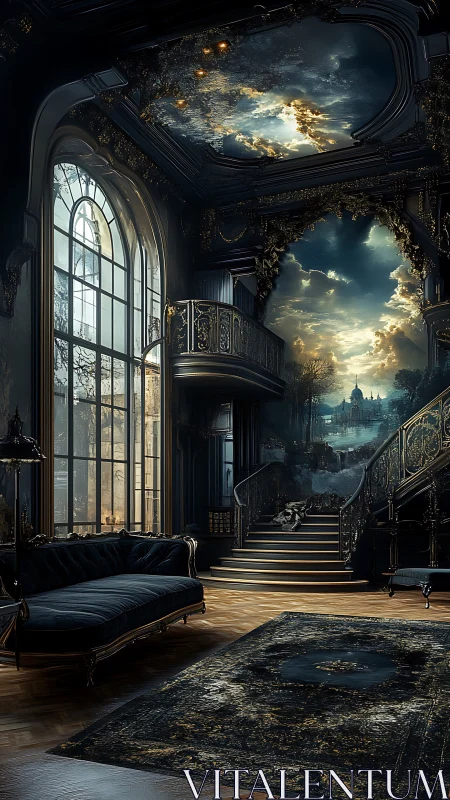 Neo-baroque grand salon with celestial portal and staircase.