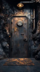 Reinforced metal bunker door in dim industrial hallway.