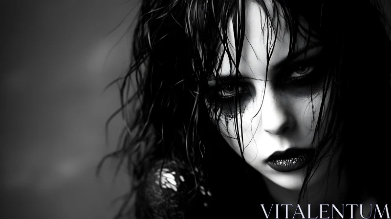 Gothic portrait in stark monochrome with wet, shadowed gaze.