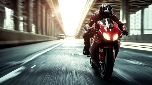Red sport motorcycle racing into sunlit city freedom.