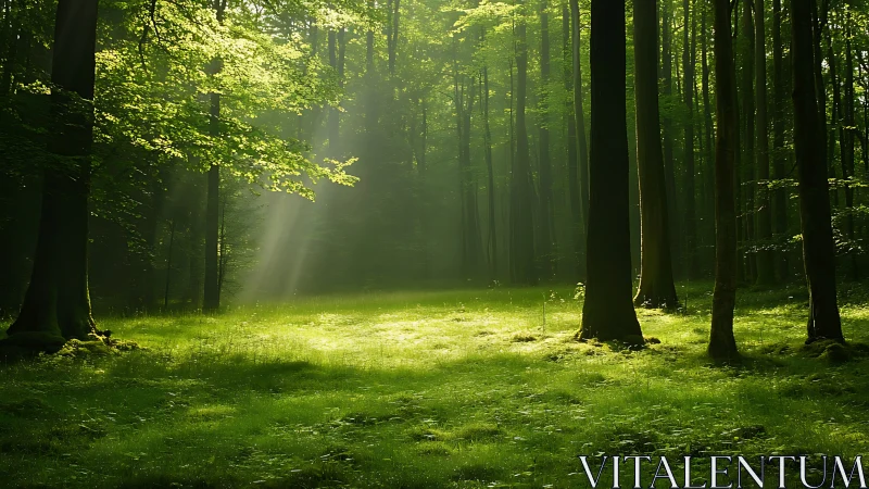 Sunlit Forest Clearing with Lush Greenery, Natural Landscape.