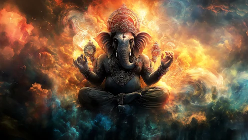 Divine elephant figure meditates in swirling cosmic fire