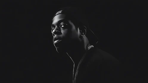 Low key hip hop portrait in hard edge side lighting.