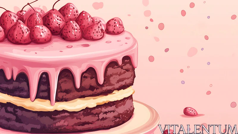 Layered Chocolate Cake with Pink Frosting and Fresh Raspberries.