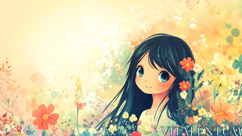 Anime girl glows amid vibrant spring wildflower bloom.