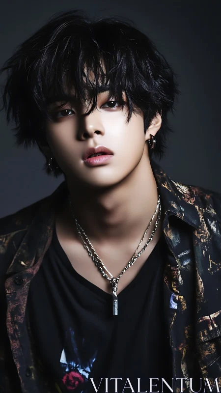 Stylized portrait of young man with layered dark hair.