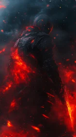 Infernal armored warrior emerging from burning shadows.