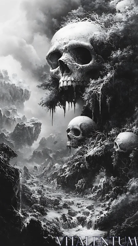 Monochrome skull cliffs overlook a turbulent spectral river