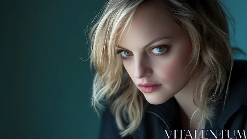 Photorealistic teal-lit female portrait with shallow depth of field.