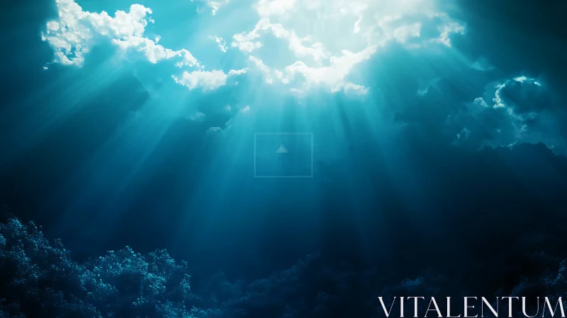 Subsurface seascape with sunlight beams and cloud cover.