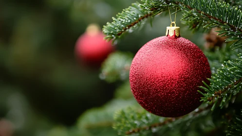 Red Christmas bauble hangs on evergreen branch in sharp focus
