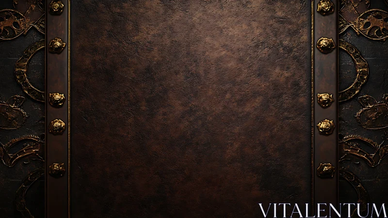 Photorealistic steampunk leather panel with ornate brass borders.