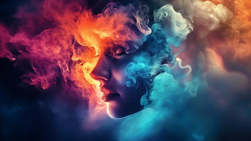 Bicolor volumetric smoke envelopes side-lit female profile portrait
