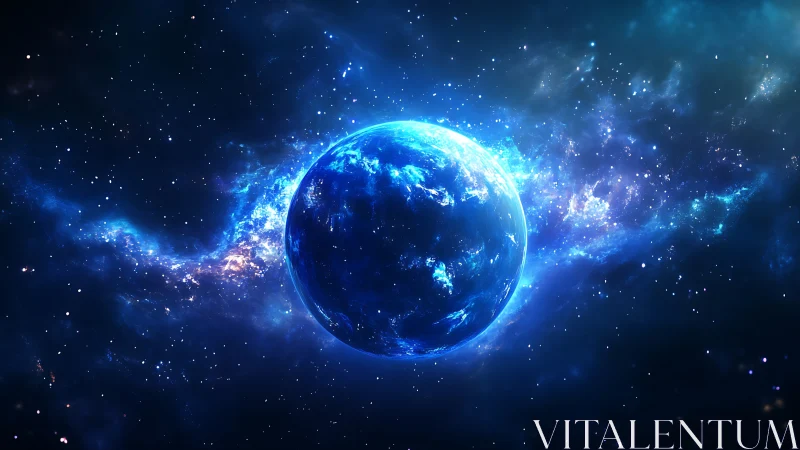 Blue cosmic planet cradled in glowing starlit nebula.