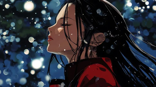 Woman in red coat under falling snow at night.