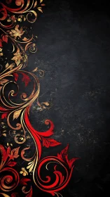 Ornate red-gold floral scrollwork on distressed noir ground.