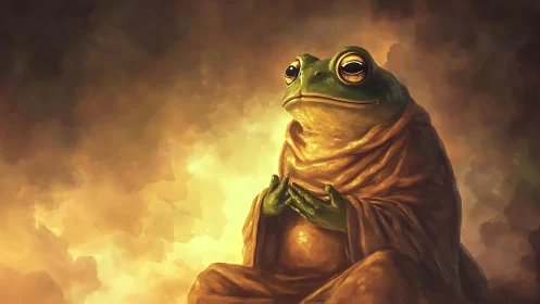 Robed anthropomorphic frog rendered with warm volumetric lighting