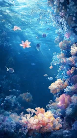 Underwater coral reef with fish and drifting surface flowers.
