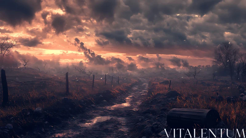 Muddy rural path under storm clouds at dramatic sunset