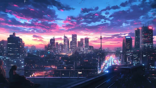 Neon dusk skyline with quiet rooftop dreamers above traffic.