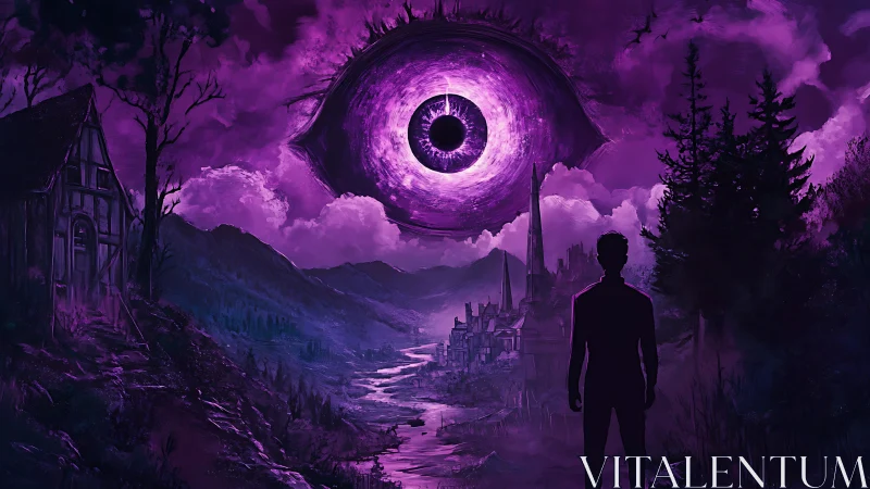 Violet omen above river town and solitary witness beneath.